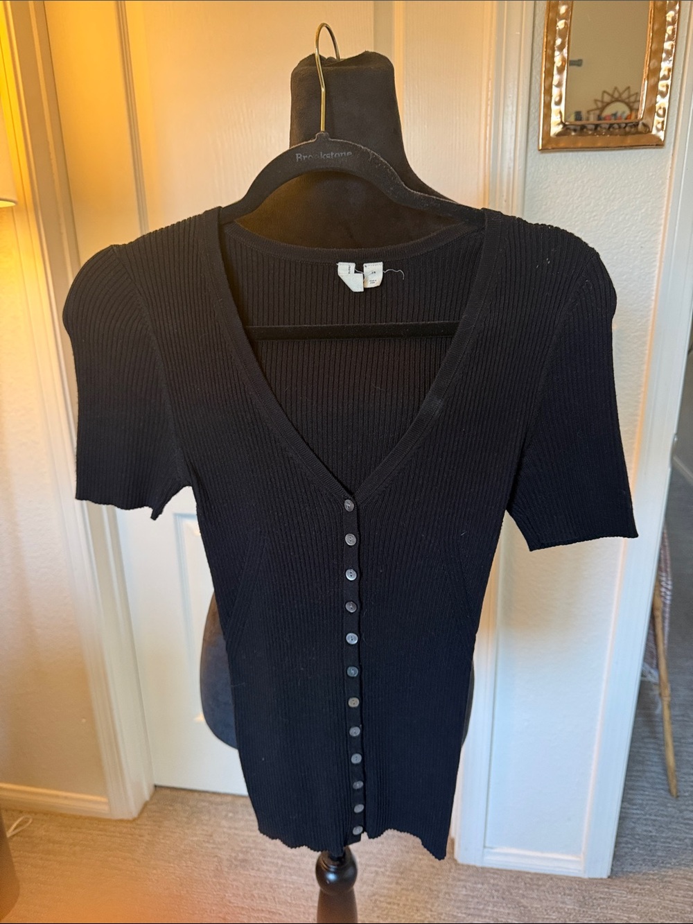 Anthropologie Black Ribbed Button-Front Short Sleeve Top